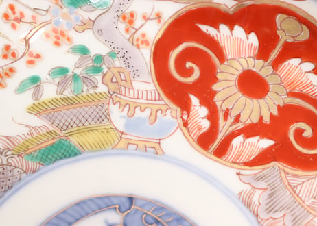 明治前期色絵松竹梅に鶴亀図通り物7寸皿