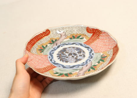 明治前期色絵桜に万年青図通り物7寸皿②少甘手