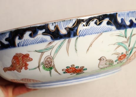 明治前期色絵菊と鶴亀図三ツ組鉢