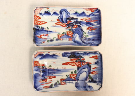 明治前期色絵山水図長角皿② 釉剥げ