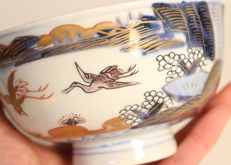 明治前期色絵山水図通り物飯茶碗② 少甘手