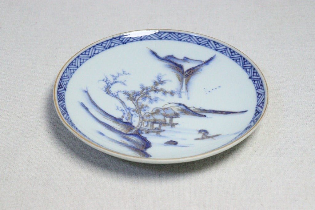 1277  九谷焼　染付山水風景図　皿　5客　時代物 1277 九谷焼染付山水風景図皿5客時代物