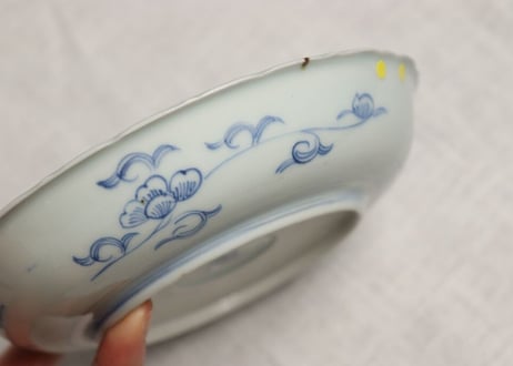 江戸幕末線描き八方に花図５寸深皿 ノミホツ,少がたつき