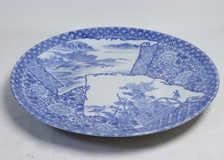 明治後期~大正銅判山水と菊と牡丹図大皿 高台ひっつき