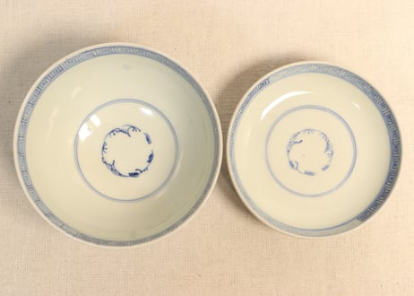 江戸幕末染付線描き三方に花図蓋茶碗 5客組