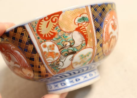明治前期色絵桃と鶴図通り物蒸茶碗②　少甘手