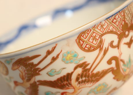 明治前期色絵松鶴図通り物飯茶碗