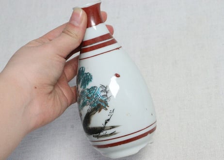 大正～昭和戦前九谷焼色絵プリント山水図徳利