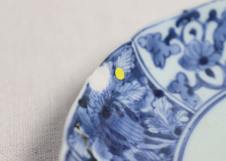 江戸中期染付十方に花図7寸皿 ホツ