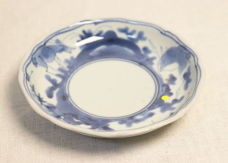 江戸中期染付鹿と紅葉図4.5寸皿 ニュウ,少甘手
