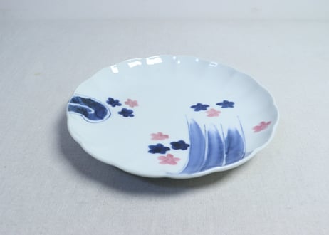 明治後期～大正染付紅葉と流水図7寸皿