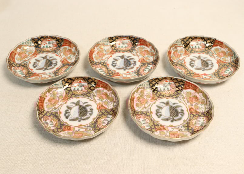 明治前期色絵桃と山水と菊図通り物小皿 5客組 | 吉祥寺PukuPuku