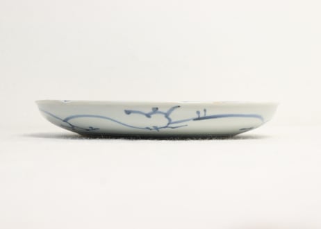 江戸中期染付岩と植物図6.5寸皿 甘手,小ホツ