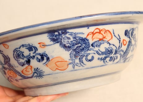 明治後期~大正紙刷色絵牡丹に鳥図三ツ組鉢