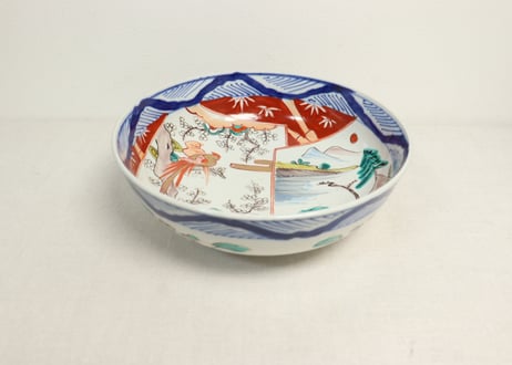 明治前期色絵山水と花鳥図割絵7寸鉢