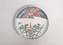 明治前期色絵菊と幾何学石畳図小皿　少色擦れ