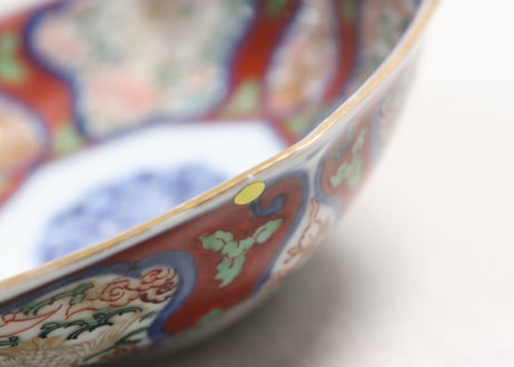 明治前期大聖寺焼色絵四方に宝と鶴図八角なます皿②ノミホツ