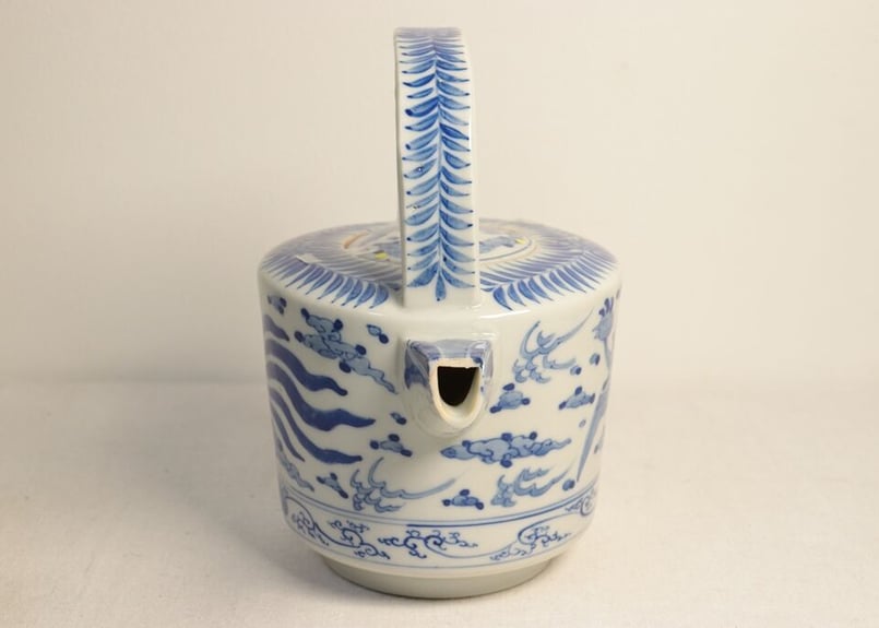 明治前期染付鳳凰図銚子 共箱付き,2pセット/ニュウ,蓋小ホツ