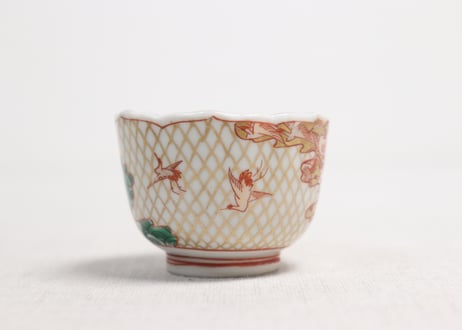 明治前期色絵網手に鶴と梅に鶯図通り物小向付