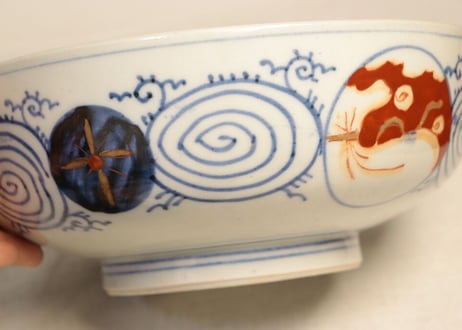 明治前期色絵六方に梅と山水図三つ組鉢
