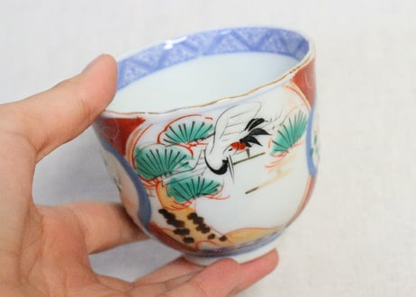 明治後期～大正銅判色絵梅と松鶴図向付