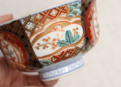 明治前期色絵桃と六方に松竹梅と牡丹図通り物飯茶碗 蓋部分甘手