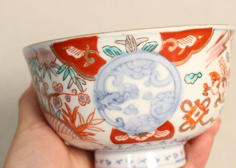 明治前期色絵竹梅と桐図通り物飯茶碗②黒点