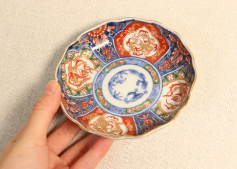 明治前期色四方に龍と鳳凰図通り物小皿