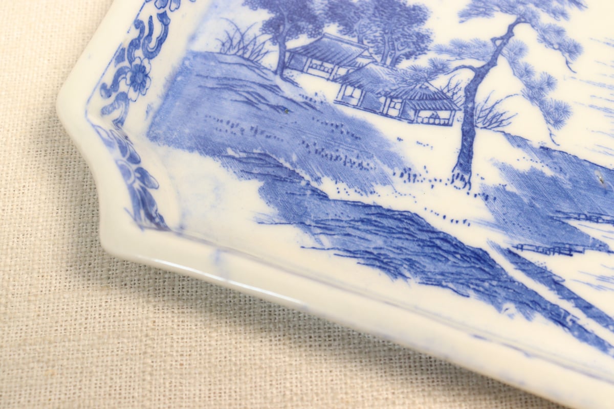 100年前の角皿　山水図　銅版転写　明治時代 100年前の角皿 山水図 銅版転写 明治時代 100年前の