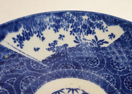 明治前期紙刷菊と唐子に桜図尺皿