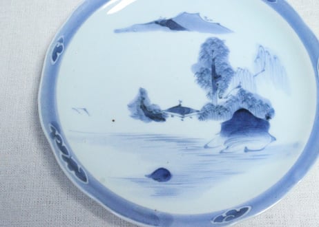 江戸幕末染付ダミ縁山水図６寸皿
