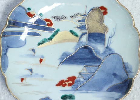 江戸中期色絵山水図7寸皿③　釉剥げ,ノミホツ