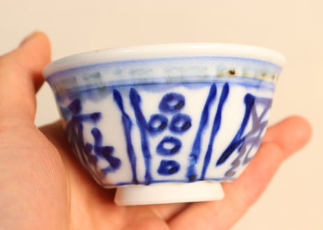 明治前期染付三方に文字図煎茶碗