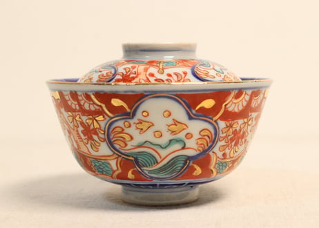 明治後期～大正色絵桜と波千鳥図通り物飯茶碗