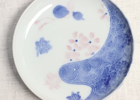明治後期～大正染付桜と瓢箪図小皿