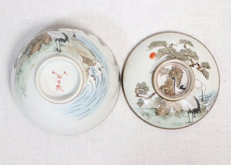 明治前期九谷焼色絵松鶴図通り物飯茶碗