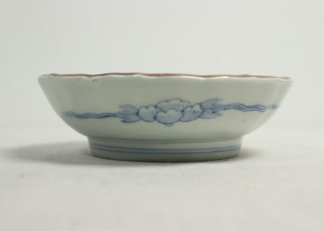 江戸幕末色絵牡丹と青玉図通り物なます皿　染料飛び,窯傷