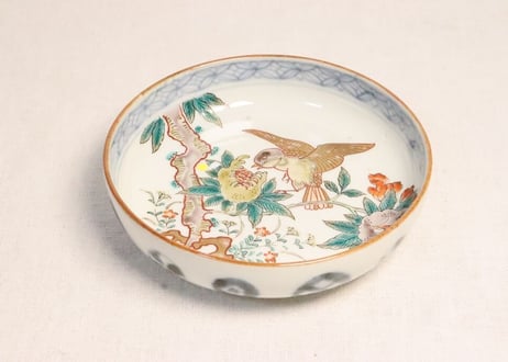 明治前期色絵柘榴と鳥図5寸深皿 釉剥げ