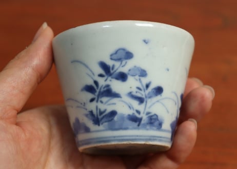 江戸中期紙刷古印判女郎花図猪口　直し,高台ホツ