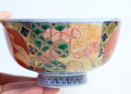 明治前期色絵桃と松鶴図通り物蒸茶碗
