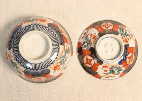 明治前期色絵萩と七宝文図飯茶碗①窯傷