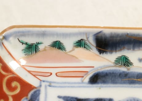 【金継ぎ用】江戸中期色絵松竹梅に杉図長皿 ホツ
