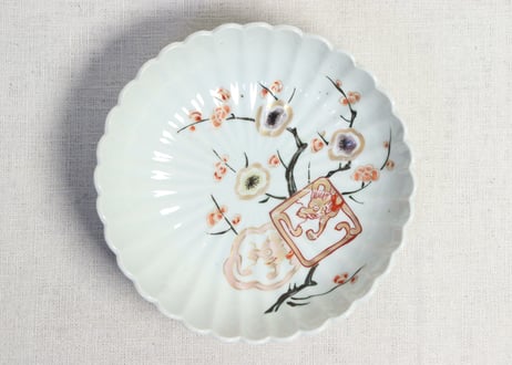 江戸中期赤絵金彩梅と龍図菊花型なます皿 5客組　1客ノミホツ