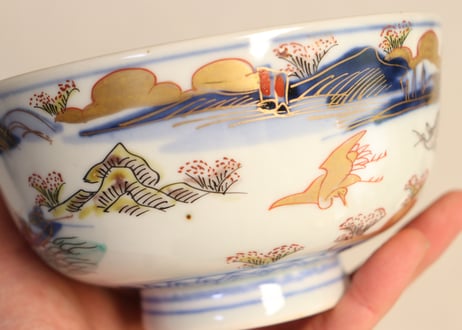 明治前期色絵山水図通り物蒸茶碗② ノミホツ