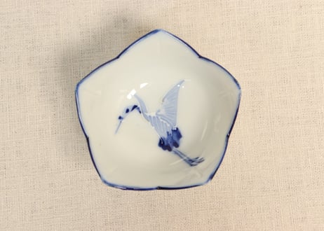 昭和戦前染付鶴図五弁小鉢