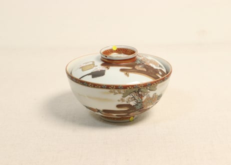 明治前期九谷焼色絵高砂図飯茶碗②蓋ノミホツ,高台ホツ