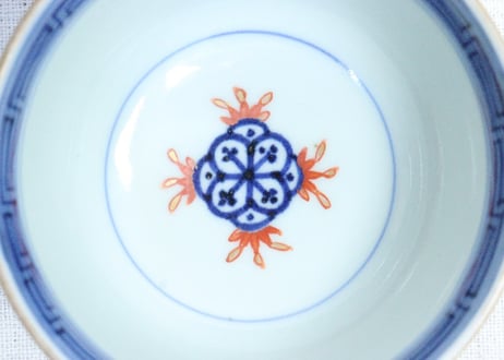 江戸後期色絵吉文字と七宝文図通り物飯茶碗　５客組