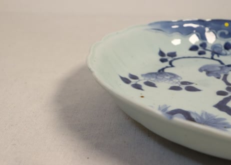江戸中期染付花鳥図尺深皿　ニュウ