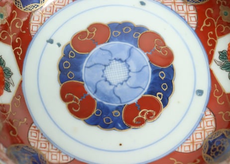 江戸幕末色絵牡丹と青玉図通り物なます皿　染料飛び,窯傷