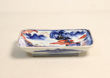 明治前期色絵山水図長角皿② 釉剥げ